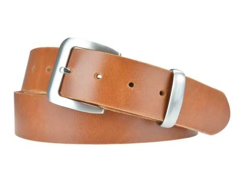 BULLJEANS N°16 | Ceinturon en cuir de couleur cognac boucle sobre finition metal brossé 