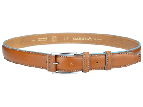 GAROT TENDANCE 35MM | N°14 Ceinture couleur miel en cuir piqûre sellier de couleur bleue 3